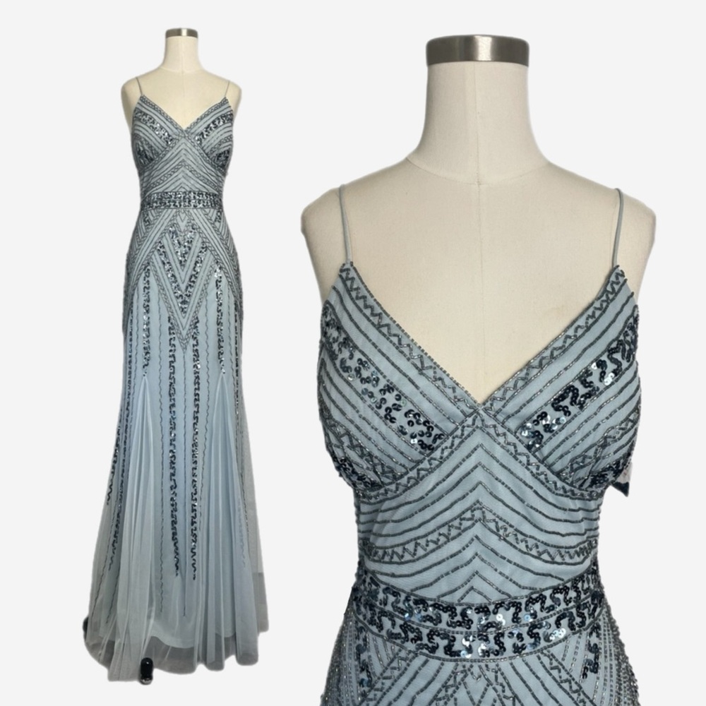 Marina NWT light blue beaded mesh v neck gown bridesmaid princess castlecore 6